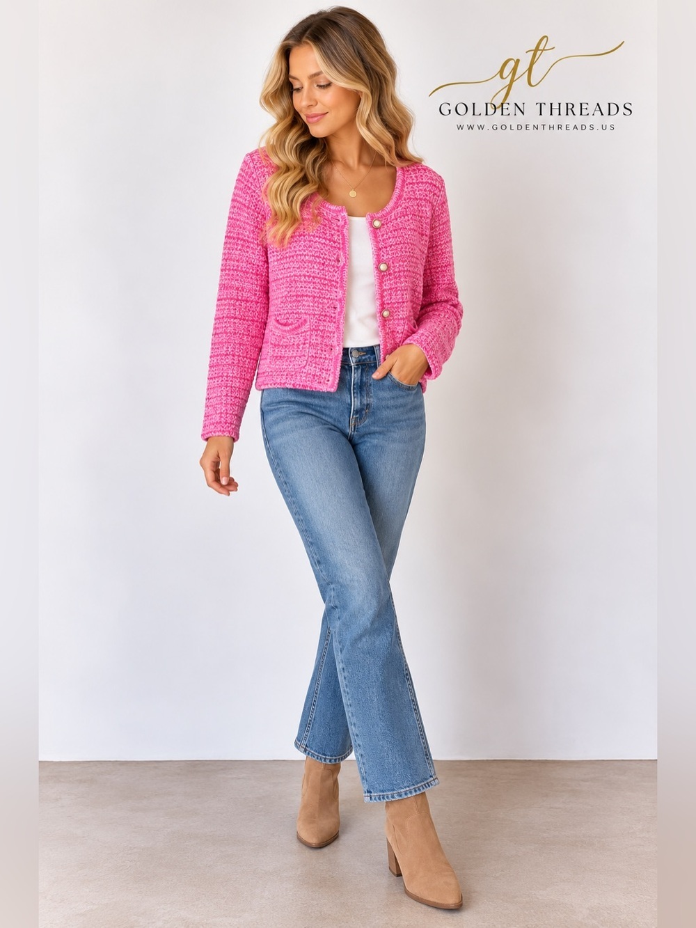 VICI Pink Marled Cotton Cardigan M Gold Button Textured Knit Preppy Sweater